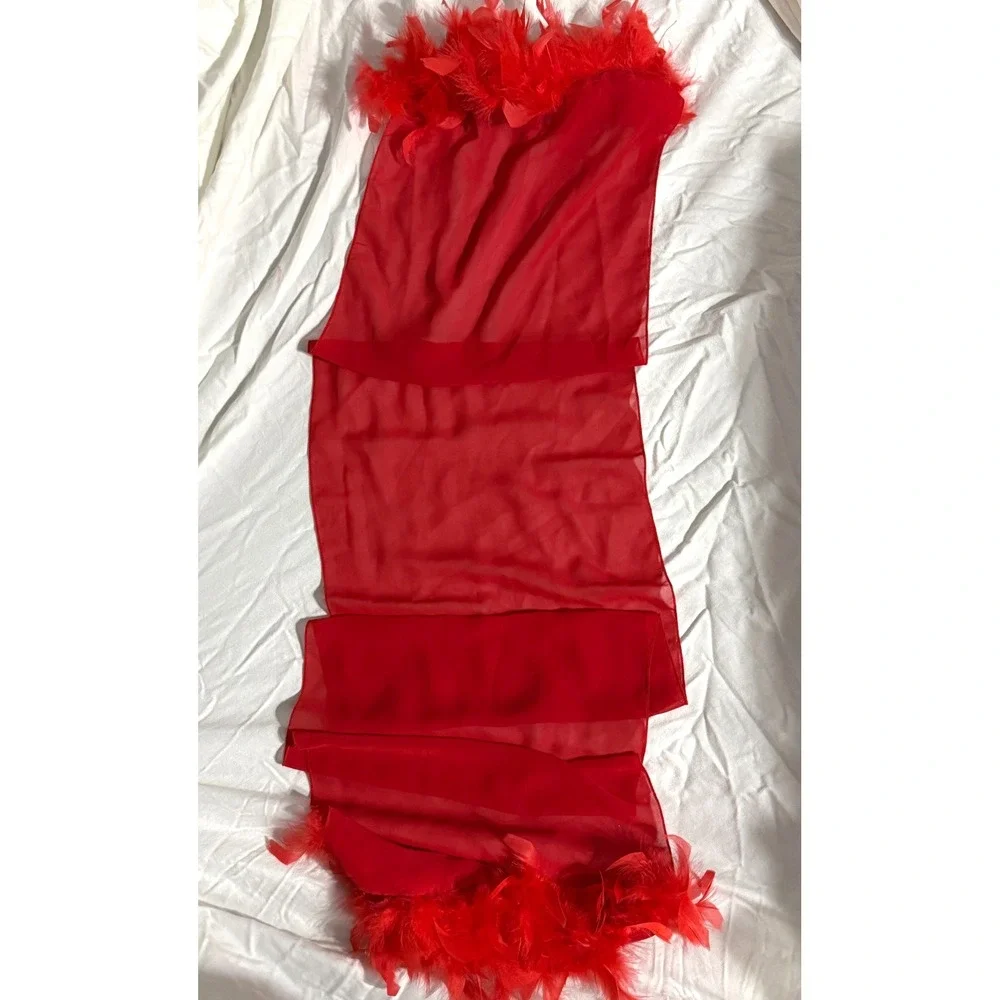 Gorgeous Vintage Red Silk Look and Feather Boa Scarf